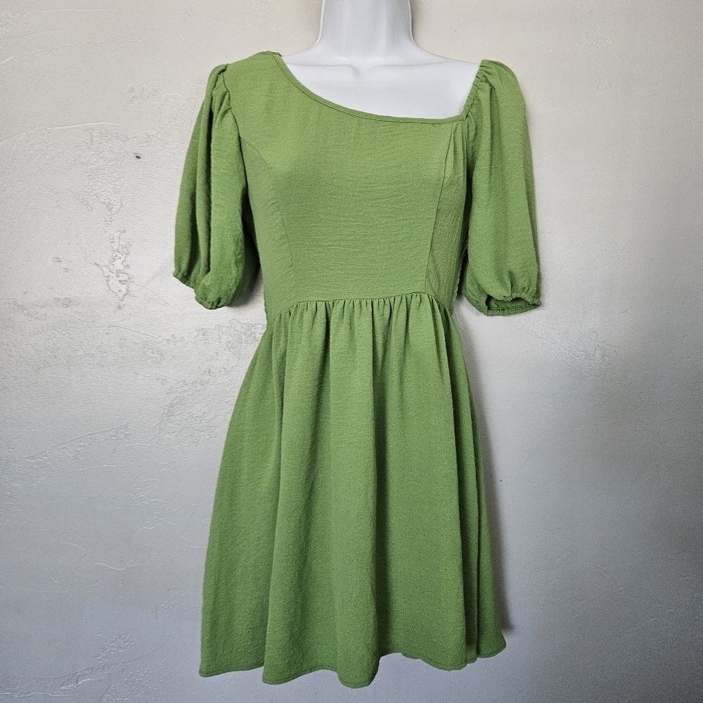 Lalaland Creative Co. Asymmetrical Neckline Green Mini Dress Quarter Puff Sleeve